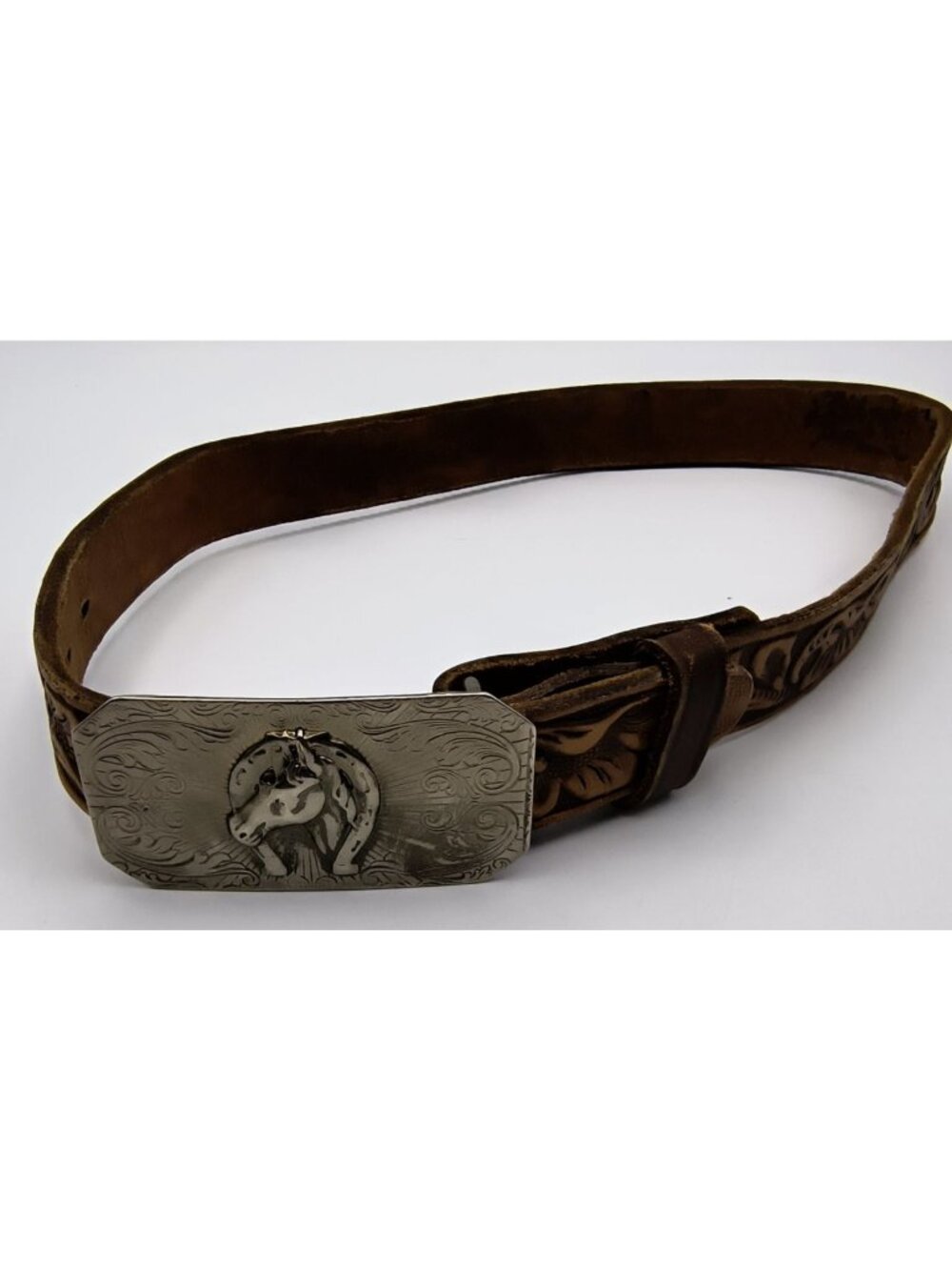 Vintage Tooled Leather Belt With Horse Head Buckle Western Style 24"